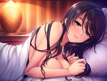 1girl bed_sheet black_hair blue_eyes blush breasts bubuzuke cleavage closed_mouth collarbone game_cg hair_between_eyes hitotsumami large_breasts long_hair lying niijima_izumi on_bed on_stomach pillow pov_across_bed solo straight_hair swept_bangs under_covers upper_body