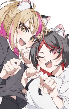 Rule 34 | 2girls, 2sami 06, animal ears, aqua nails, black hair, black shirt, blonde hair, brown eyes, cat ears, cat girl, commentary request, fang, high ponytail, highres, kazamatsuri asahi, laugh diamond, looking at viewer, multicolored hair, multiple girls, nail polish, one eye closed, open mouth, paw pose, pink hair, ponytail, red eyes, red hair, red nails, shine post, shirt, takamura hibiki, teeth, upper body, upper teeth only, white background, white shirt