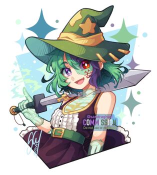 belt belt_buckle bone buckle commentary commission english_commentary green_belt green_hair hat heterochromia highres holding holding_sword holding_weapon jewelry key key_necklace necklace original purple_eyes red_eyes sandragh see-through_body sharp_teeth short_hair signature sparkle_background star_(symbol) sword teeth weapon wizard_hat
