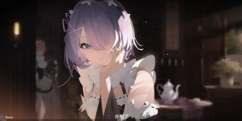 2girls absurdres apron artist_name bare_shoulders black_dress blue_eyes blue_hair blurry blurry_background breasts copyright_name cup detached_sleeves dress frills hair_ornament hair_over_one_eye hair_ribbon hand_on_own_cheek hand_on_own_face highres indoors lalacz looking_at_viewer maid maid_headdress multiple_girls parted_lips pink_hair pink_ribbon ram_(re:zero) re:zero_kara_hajimeru_isekai_seikatsu rem_(re:zero) ribbon ribbon_trim roswaal_mansion_maid_uniform short_hair siblings sisters solo_focus teacup teapot twins upper_body x_hair_ornament