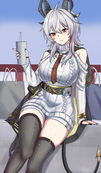 1girl ahoge bag black_horns black_jacket black_tail black_thighhighs blush breasts closed_mouth clothing_cutout commentary cup curled_horns dress earrings grey_dress grey_hair hair_between_eyes highres holding holding_cup horns huge_breasts jacket jacket_on_shoulders jewelry long_hair looking_at_viewer mianbao mole mole_under_eye multicolored_hair official_alternate_costume red_eyes shopping_bag shoulder_cutout sitting smile solo streaked_hair sweater sweater_dress tail thighhighs thighs wuthering_waves zani_(downtown_repose)_(wuthering_waves) zani_(wuthering_waves)