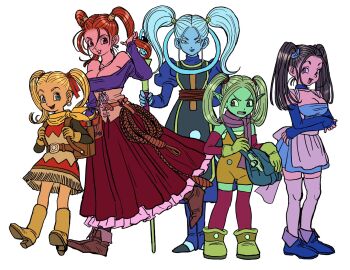 5girls :d apron aqua_skin arm_behind_back backpack bag bare_shoulders belt_buckle black_shirt blonde_hair blue_bridal_gauntlets blue_choker blue_dragon blue_dress blue_eyes blue_shoes blue_skin boots bouquet_(blue_dragon) breasts bridal_gauntlets brown_boots brown_hair brown_shoes buckle choker cleavage colored_skin corset creator_connection crossover demon_girl dragon_ball dragon_ball_daima dragon_ball_super dragon_quest dragon_quest_builders_2 dragon_quest_viii dress earrings female_builder_(dqb2) fringe_trim gloves hair_ribbon highres holding holding_staff hoop_earrings jessica_albert jewelry juliet_sleeves long_sleeves looking_at_viewer looking_to_the_side marcarita_(dragon_ball) multiple_crossover multiple_girls neckerchief necklace off_shoulder off_shoulder_shirt open_mouth orange_eyes orange_hair orange_overalls overalls pansy_(dragon_ball_daima) parted_bangs pink_thighhighs pointy_ears puffy_sleeves purple_eyes purple_lips purple_scarf purple_shirt red_dress red_ribbon red_skirt ribbon sarashi scarf shirt shirt_under_dress shoes shoulder_bag skirt smile sphere_earrings staff thighhighs trait_connection twintails two-tone_dress uranagi_(uranaginasi) waist_apron whip white_apron white_background white_dress white_hair white_thighhighs yellow_corset yellow_gloves yellow_neckerchief