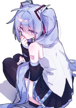 Rule 34 | 1girl, bare shoulders, blue hair, boots, commentary request, hair between eyes, hatsune miku, highres, long hair, looking at viewer, looking back, purple eyes, rarirure rirure, shirt, simple background, skirt, sleeveless, sleeveless shirt, solo, thigh boots, thighs, twintails, vocaloid, white background