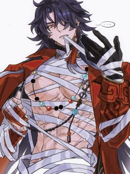 ... 1boy abs ammi_(mayflyaa) bandages beads biting blade_(elation)_(honkai:_star_rail) blade_(honkai:_star_rail) blue_hair commentary double-parted_bangs english_commentary gloves hair_over_one_eye highres honkai:_star_rail honkai_(series) jacket jewelry long_hair necklace open_clothes open_jacket pectorals red_eyes red_jacket scar single_glove toned toned_male very_long_hair