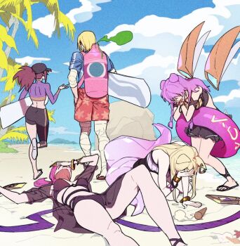 1boy 4girls ahri_(league_of_legends) akali animal_ears asymmetrical_legwear bandages bare_shoulders beach bikini bikini_skirt black_bikini black_cape blonde_hair blue_shirt blue_sky bracelet braid cape cloud cloudy_sky covered_eyes crystal_tail earrings evelynn_(league_of_legends) food fox_ears fox_girl fox_tail gas_can hair_bun hand_on_own_face hat holding holding_surfboard ice_cream idol innertube jewelry k/da_(league_of_legends) k/da_ahri k/da_akali k/da_evelynn k/da_kai&#039;sa kai&#039;sa league_of_legends long_hair looking_at_another lying multiple_girls multiple_tails on_back on_ground palm_tree pink_hair ponytail purple_hair red_shorts shirt short_hair shorts sick singed sky surfboard surfer_singed swim_ring swimsuit tail talking tree twin_braids uneven_legwear what zaket07
