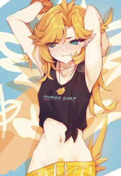 Rule 34 | 1girl, armpits, arms up, bare arms, bird tail, black tank top, blonde hair, blonde pubic hair, clothes writing, commentary, dokibird, dokibird (summer), ear piercing, eyes visible through hair, female pubic hair, green eyes, highres, indie virtual youtuber, jewelry, long hair, midriff, navel, official alternate costume, pendant, piercing, pointy ears, pubic hair, pubic hair peek, ricegnat, scrunchie, shirt, solo, sweat, tail, tank top, tied shirt, upper body, virtual youtuber, wrist scrunchie