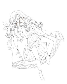 Rule 34 | 1girl, ascot, closed mouth, coat, come hither, elf, full body, glasses, gloves, greyscale, hands up, highres, lineart, liyu (user sfpu5743), long hair, long sleeves, looking at viewer, lying, monochrome, no shoes, on back, parted lips, pleated skirt, pointy ears, princess connect!, round eyewear, shirt, simple background, skirt, sleeveless, socks, solo, sono (princess connect!), very long hair, white background