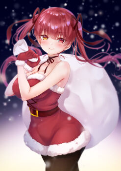 1girl absurdres bare_shoulders belt blurry blush breasts choker christmas cleavage closed_mouth collarbone cowboy_shot curvy depth_of_field dress floating_hair fur_trim gloves hair_between_eyes hanakuma_mano hat heterochromia highres holding hololive houshou_marine large_breasts long_hair looking_at_viewer night night_sky pantyhose red_dress red_eyes red_hair ribbon_choker sack santa_costume santa_hat sky sleeveless smile snowing solo strapless strapless_dress tsurime tube_dress twintails virtual_youtuber yellow_eyes