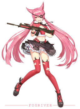 1girl animal_ears artist_name belt breasts closed_mouth cropped_jacket eyepatch female_focus fingernails fogriver full_body gloves gun highres holding holding_gun holding_weapon long_hair looking_at_viewer mary_janes midriff navel original pigeon-toed pink_hair red_eyes red_glove red_thighhighs shoes simple_background single_glove small_breasts smile solo standing thighhighs thighs torn_clothes torn_thighhighs weapon white_background zettai_ryouiki