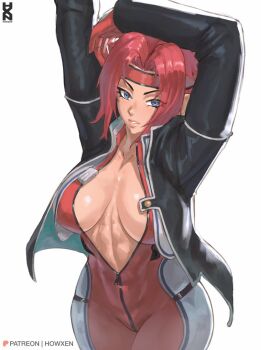 1girl arm_above_head arm_up artist_name bandana black_jacket blue_eyes bodysuit breasts code_geass commentary gloves howxen jacket kouzuki_kallen large_breasts looking_at_viewer patreon_logo red_bandana red_bodysuit red_gloves red_hair short_hair signature solo zipper