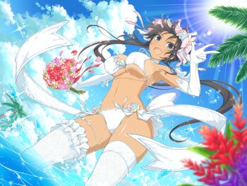 1girl bikini_tan blue_flower blue_rose blue_sky blush bouquet bra breasts bridal_lingerie bride brown_hair cleavage cloud cloudy_sky coconut coconut_tree day flower gloves green_eyes hair_flower hair_ornament homura_(senran_kagura) jewelry lace lace-trimmed_thighhighs lace_trim large_breasts leaf linea_alba lingerie long_hair looking_at_viewer multicolored_flower multicolored_rose navel necklace ocean official_alternate_costume official_art outdoors palm_tree panties pearl_necklace pink_flower pink_rose ponytail purple_flower purple_rose red_flower red_rose ribbon rose senran_kagura senran_kagura_new_wave sky smile solo tan tanline thighhighs tree tropical underboob underwear v wading white_bra white_gloves white_panties white_ribbon white_thighhighs yaegashi_nan yellow_flower yellow_rose