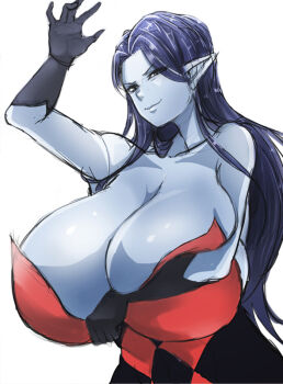 Rule 34 | 1girl, :>, bare shoulders, blue hair, blue skin, breast hold, breasts, cleavage, colored skin, deep skin, dragon quest, dragon quest viii, dress, female focus, gigantic breasts, gloves, hand up, long hair, ogura anko, pointy ears, simple background, smile, solo, standing, very long hair, white background, witch (dragon quest), witch lady (dq8)