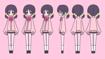 1girl black_footwear black_hair black_skirt blush_stickers bow bowtie channel_(caststation) reference_sheet closed_mouth collared_shirt hair_bobbles hair_ornament highres jacket jitome kaai_yuki long_sleeves looking_at_viewer mary_janes miniskirt multiple_views neckerchief pink_jacket red_neckerchief shirt shoes skirt socks vocaloid white_shirt white_socks yellow_eyes zako_(vocaloid)