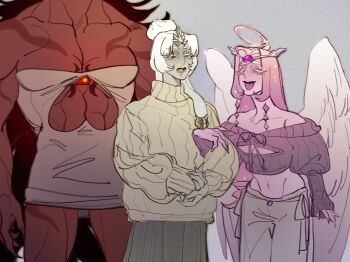 Rule 34 | 1boy, 2girls, black eyes, black hair, burning spice cookie, colored skin, cookie run, cookie run: kingdom, eternal sugar cookie, hair bun, highres, jugenxiannu196, long hair, multiple girls, muscular, muscular male, mystic flour cookie, pale skin, pink eyes, pink hair, pink skin, red skin, toned, toned male, very long hair, white hair