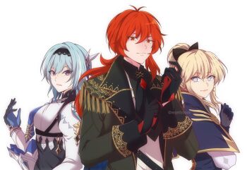 Rule 34 | 1boy, 2girls, antenna hair, black gloves, blonde hair, blue capelet, blue gloves, blue hair, blue necktie, brown eyes, capelet, closed mouth, colored eyelashes, commentary, cross, cross earrings, diluc (genshin impact), earrings, english commentary, enjelicious, eula (genshin impact), frown, genshin impact, gloves, jean (genshin impact), jewelry, looking at viewer, low ponytail, multiple girls, necktie, pale skin, pink lips, ponytail, red eyes, red hair, simple background, smile, twitter username, upper body, white background, white eyes