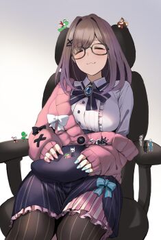 Rule 34 | 1girl, :3, baby mario, beret, black-framed eyewear, black headwear, bloodborne, blouse, blue bow, blush, bow, breasts, brooch, brown hair, brown legwear, buttons, capcom, cardigan, chair, closed eyes, commentary, cowboy shot, crossover, cuphead, cuphead (game), donkey kong, donkey kong (series), facing viewer, gaming chair, ganesagi, glasses, hat, hat bow, highres, hollow knight, hunter (bloodborne), indoors, jewelry, kirby, kirby (series), kirby super star, knight (hollow knight), large breasts, link, long sleeves, makaimura, mario, medium hair, morning, multiple crossover, namco, nijisanji, nintendo, off shoulder, office chair, pantyhose, pink cardigan, purple skirt, rick (splatterhouse), shirt, simple background, sir arthur (makaimura), sitting, skirt, splatterhouse, striped clothes, striped legwear, striped pantyhose, striped skirt, suzuhara lulu, suzuhara lulu (1st costume), swivel chair, the legend of zelda, the legend of zelda: link's awakening, unworn headwear, vertical-striped clothes, vertical-striped legwear, vertical-striped pantyhose, vertical-striped skirt, virtual youtuber, white shirt, yoshi, yoshi's island