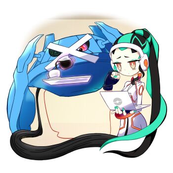1girl aqua_eyeshadow aqua_hair aqua_nails black_hair black_sclera blue_gloves bright_pupils cable clenched_hand closed_mouth colored_sclera commentary_request computer cup dot_mouth eyelashes eyeshadow fingerless_gloves fingernails gen_3_pokemon gloves headphones herihata_raf highres holding holding_laptop jacket laptop long_hair long_sleeves makeup metagross multicolored_hair nail_polish nintendo orange_eyes pale_skin plate poke_ball_symbol pokemon pokemon_(creature) pokemon_unite ponytail pouring professor_phorus red_eyes teacup telekinesis tray two-tone_hair very_long_hair white_jacket white_pupils