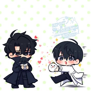 2boys :d biyoo_(omniscient_reader&#039;s_viewpoint) black_coat black_eyes black_hair black_shirt character_doll coat collared_shirt doll double-parted_bangs full_body hair_between_eyes hashtag-only_commentary highres kim_dokja kimidori_22 male_focus motion_lines multiple_boys omniscient_reader&#039;s_viewpoint open_clothes open_coat open_mouth popped_collar running shirt short_hair smile standing white_coat yoo_joonghyuk