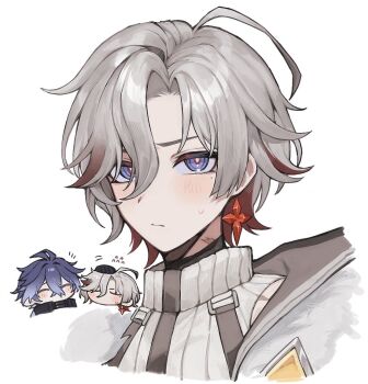 Rule 34 | black gloves, blush, chibi, chibi inset, closed mouth, earrings, flins (genshin impact), flying sweatdrops, genshin impact, gloves, grey hair, hair between eyes, hand on another's head, illuga (genshin impact), jewelry, looking at viewer, male focus, mole, mole under eye, multicolored hair, multiple boys, multiple views, nana668, red hair, scar, scar on neck, simple background, single earring, solo focus, turtleneck, upper body, white background