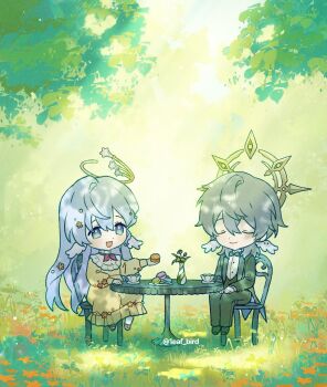 1boy 1eaf_bird 1girl :d alternate_costume aqua_eyes black_bow black_bowtie black_jacket black_pants black_shoes black_vest bow bowtie brother_and_sister chair chibi chibi_only closed_eyes closed_mouth commentary_request cup dappled_sunlight dress earrings flower food grass grey_hair hair_between_eyes hair_flower hair_ornament halo halo_behind_head hand_up hands_on_lap head_wings holding holding_food honkai:_star_rail honkai_(series) jacket jewelry korean_commentary leaf long_sleeves looking_at_food macaron medium_hair neckerchief on_chair open_mouth orange_flower outdoors pants piercing pink_neckerchief pink_shoes plate puffy_long_sleeves puffy_sleeves purple_hair robin_(honkai:_star_rail) round_table saucer shirt shoes siblings sitting smile socks spiked_halo sunday_(honkai:_star_rail) sunlight table teacup tree twitter_username vase vest white_shirt white_socks white_wings wing_piercing wings yellow_dress