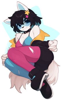 1girl absurdres adversarial_noise animal_ears bare_shoulders black_hair breasts cleavage closed_mouth furry furry_female green_pantyhose highres lanai_(caff) large_breasts long_sleeves looking_at_viewer multicolored_hair original pantyhose red_pantyhose shoes simple_background smile solo tail virtual_youtuber yoako