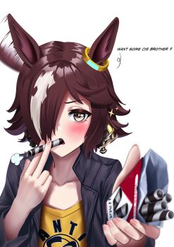 1girl absurdres animal_ears black_jacket blush breasts brown_eyes brown_hair collarbone commentary ear_ornament english_commentary english_text food hair_ornament hair_over_one_eye highres holding holding_food horse_ears horse_girl jacket leather leather_jacket long_hair long_sleeves looking_at_viewer manjo_(warito) multicolored_hair open_mouth outstretched_arm reaching reaching_towards_viewer shirt small_breasts smoke solo star_(symbol) umamusume upper_body vodka_(casual)_(umamusume) vodka_(umamusume) wafer_stick white_hair yellow_shirt