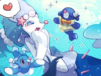 +_+ 1girl :3 :d bad_tag black_eyes blue_background blue_eyes blue_fur blue_hair bow bowtie brionne closed_eyes clothed_pokemon colored_eyelashes dress evolutionary_line fang flower furry furry_female gem gen_7_pokemon hair_flower hair_ornament heart long_hair looking_at_another mermaid monster_girl multi-tied_hair nintendo open_mouth orange_bow orange_bowtie pearl_(gemstone) pearl_hair_ornament pokemon pokemon_(creature) popplio primarina rose sea_lion simple_background smile snout spoken_heart sstoh starfish_hair_ornament white_flower white_fur white_rose yellow_dress