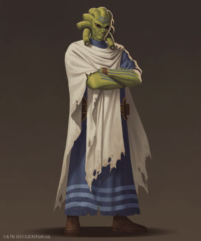 Rule 34 | 1boy, 5health, absurdres, alien, blue robe, boots, brown background, brown boots, brown eyes, cloak, colored skin, copyright name, crossed arms, full body, green skin, highres, looking at viewer, nautolan, robe, solo, star wars, star wars: the high republic, torn cloak, torn clothes, werth plouth, white cloak