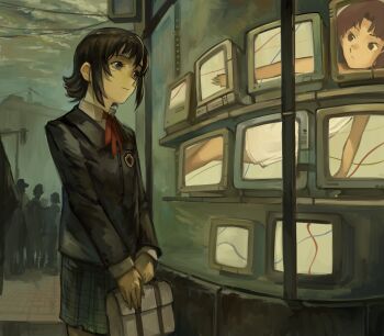 2girls absurdres apple_inc. asymmetrical_hair bag bare_arms black_eyes black_hair black_jacket blazer brown_bag brown_eyes brown_hair cable camisole city cityscape cloud cloudy_sky commentary computer cowboy crt dress_shirt dusk eyebrows_hidden_by_hair green_skirt hair_between_eyes hair_ornament highres holding holding_bag impressionism iwakura_lain jacket kornod long_sleeves looking_at_another macintosh mizuki_alice monitor multiple_girls multiple_monitors neck_ribbon nightgown outdoors people plaid_clothes plaid_skirt red_ribbon ribbon school_bag school_uniform serial_experiments_lain shirt shop short_hair sidelocks sidewalk skirt sky standing storefront television watching_television western white_nightgown white_shirt window x_hair_ornament