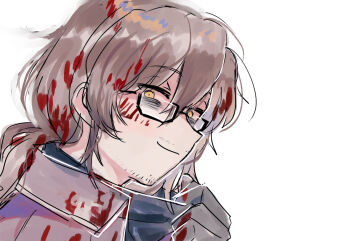 1boy alternate_costume bags_under_eyes beard_stubble black-framed_eyewear black-framed_glasses black_gloves black_sweater blood blood_in_hair blood_on_clothes blood_on_face blood_on_hands blood_splatter blood_stain brown_hair close-up closed_mouth clothes_pull crazy_eyes evil_smile eyes_visible_through_hair facial_hair from_side glasses gloves gregor_(project_moon) hair_between_eyes half-closed_eyes hand_up holding jacket kikkoinu limbus_company long_hair looking_at_viewer looking_down looking_to_the_side low_ponytail male_focus messy_hair open_clothes open_jacket parted_bangs ponytail portrait project_moon pulling_own_clothes purple_jacket sanpaku semi-rimless_eyewear shirt_pull sidelocks simple_background sketch smile smirk smug solo stubble sweater turtleneck turtleneck_sweater under-rim_eyewear upper_body white_background white_trim yandere yellow_eyes