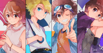 1girl 3boys blonde_hair blue_eyes bracelet brown_eyes brown_hair closed_mouth digimon digimon_adventure dress_shirt goggles goggles_on_head grey_shirt grey_shorts grin hugging_own_legs index_finger_raised ishida_yamato izumi_koshiro jewelry konagonana multiple_boys one_eye_closed orange_shirt purple_shirt red_umbrella shirt short_hair short_sleeves shorts sleeveless sleeveless_shirt smile split_screen takenouchi_sora umbrella yagami_taichi