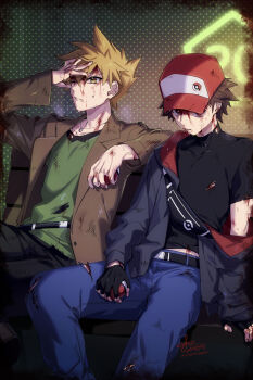 2boys 88_(einnimnech) alternate_costume belt belt_buckle black_bag black_belt black_gloves black_pants black_shirt blood blood_on_arm blood_on_face blue_oak blue_pants brown_hair brown_jacket buckle commentary_request fingerless_gloves gloves green_shirt hat highres holding holding_poke_ball jacket long_sleeves male_focus multiple_boys nintendo off_shoulder open_clothes open_jacket pants poke_ball poke_ball_(basic) pokemon red_(pokemon) red_hat shirt short_hair short_sleeves spiked_hair