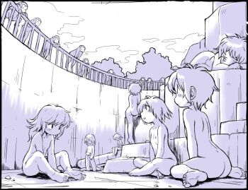 6+girls ass barefoot black_border border cloud feet flat_chest indian_style loli lying monkey monochrome multiple_girls nipples nude on_side original outdoors oyatsu_(mk2) public_indecency public_nudity role_reversal short_hair sitting sky soles toes wariza zenra zoo