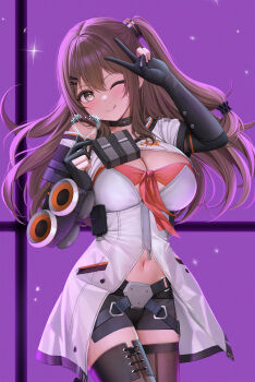 1girl absurdres backlighting bare_shoulders belt black_belt black_choker black_gloves black_shorts black_thighhighs blush bra breasts brown_hair choker cleavage closed_mouth coat collarbone commentary criss-cross_straps dakimakura_(medium) diamond-shaped_pupils diamond_(shape) elbow_gloves english_commentary finger_heart front-tie_bra girls'_frontline girls'_frontline_2:_exilium gloves grey_eyes hair_between_eyes hair_ornament hairclip hand_up head_tilt heart highres k2_(girls'_frontline) keine09 large_breasts licking_lips light_particles long_hair looking_at_viewer merchandise_available midriff navel one_eye_closed one_side_up orange_bra orange_trim partially_fingerless_gloves pouch purple_background shirt short_shorts shorts single_bare_shoulder smile solo sparkle standing symbol-shaped_pupils thighhighs thighs tongue tongue_out underwear v very_long_hair white_coat white_shirt yellow_pupils yoohee_(girls'_frontline_2)