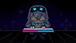 1girl animated artist_name audible_music blue_sleeves breath bronya_zaychik chibi close-up closed_eyes closed_mouth credits crossed_bangs dark drawstring drill_hair english_text expressionless eyewear_on_head female_focus flat_chest glowing goggles grey_eyes grey_hair hair_between_eyes hands_up headphones headphones_around_neck honkai_(series) honkai_impact_3rd instrument jitome keyboard_(instrument) long_hair long_sleeves looking_at_viewer multiple_views music open_mouth outline pixel_art playing_instrument raglan_sleeves song_name sound standing straight-on sweater twin_drills u_u upper_body very_long_hair video white_outline white_sweater wisgarus
