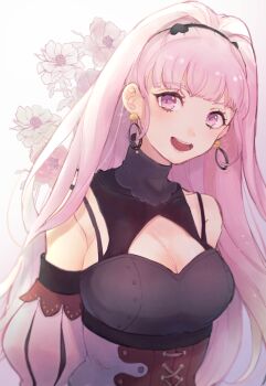 1girl blunt_bangs breasts cleavage commentary_request corset earrings fire_emblem fire_emblem:_three_houses flower highres hilda_valentine_goneril hilda_valentine_goneril_(timeskip) jewelry large_breasts long_hair looking_at_viewer namerow_chang nintendo open_mouth pink_eyes pink_hair ponytail revision smile solo teeth tongue upper_body upper_teeth_only white_background