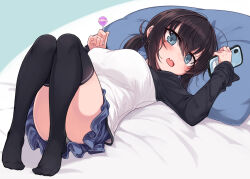 Rule 34 | 1girl, aqua eyes, black hair, black shirt, black thighhighs, blue skirt, blush, breasts, candy, commentary request, food, hair between eyes, holding, holding phone, large breasts, lollipop, long hair, long sleeves, looking at viewer, lying, miniskirt, mole, mole under eye, null (nyanpyoun), on back, on bed, original, phone, pillow, ponytail, shirt, skirt, solo, thighhighs, two-tone shirt, white shirt, zettai ryouiki