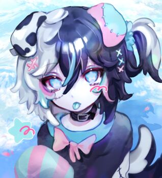 1boy animal_ears black_choker black_hair black_shirt blue_eyes bow choker cloud_(lufaeris) dog_boy dog_ears dog_tail double-parted_bangs grey_hair hair_between_eyes hair_ornament highres looking_at_viewer male_focus multicolored_hair one_side_up original pink_bow shirt short_hair sketch solo split-color_hair star-shaped_pupils star_(symbol) symbol-shaped_pupils tail tongue tongue_out two-tone_hair upper_body x_hair_ornament