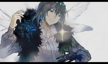 1boy blue_eyes bow crown dancing diamond_hairband dress_shirt fate/grand_order fate_(series) frown insect_wings letterboxed long_sleeves male_focus oberon_(fate) oberon_(third_ascension)_(fate) shirt short_hair siiqa_vivi solo spoilers upper_body white_shirt wings
