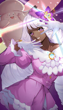 1girl absurdres breasts clefable collarbone commentary dark-skinned_female dark_skin dress eyelashes gen_1_pokemon gloves glowing grin hands_up happy hat_ornament heart highres jacinthe_(pokemon) kumo33 long_hair long_sleeves mega_clefable nintendo pokemon pokemon_(creature) pokemon_legends:_z-a puffy_sleeves purple_dress purple_eyes smile sparkle spread_fingers teeth tilted_headwear white_gloves