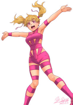 Rule 34 | absurdres, armband, artist name, bodysuit, boots, breasts, brown hair, commentary, dated, dutch angle, fresh precure!, highres, hot limit, medium breasts, medium hair, momozono love, open mouth, outstretched arms, pink bodysuit, pink boots, pink eyes, precure, satou yasu, signature, simple background, smile, spread arms, standing, t.m.revolution, twintails, white background, wristband