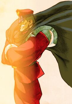 Rule 34 | 1boy, bengus, capcom, cape, crossed arms, evil smile, facing to the side, game cg, hat, highres, m. bison, male focus, marvel, marvel vs. capcom, marvel vs. capcom 2, muscular, muscular male, no pupils, non-web source, official art, peaked cap, scan, shoulder pads, sidelighting, simple background, smile, solo, street fighter