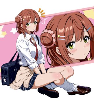 absurdres bag breasts cardigan cardigan_around_waist clothes_around_waist collarbone green_eyes gyaru hair_bun highres loafers long_hair looking_at_viewer loose_socks love_live! love_live!_nijigasaki_high_school_idol_club medium_breasts necktie orange_hair pleated_skirt red_necktie shirt shoes sitting skirt socks uehara_ayumu white_shirt zaofeng