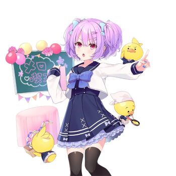 1girl balloon black_thighhighs blue_bow blue_bowtie blue_sailor_collar bow bowtie chalkboard commentary_request flat_chest hair_ornament hairclip index_finger_raised mayachi_(amuriya) melo_(uchihime) piyokichi_(uchihime) purple_hair red_eyes sailor_collar school_uniform serafuku short_hair short_twintails thighhighs twintails uchi_no_hime-sama_ga_ichiban_kawaii