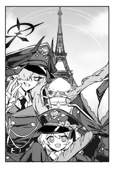 3girls baguette blue_archive bread breasts demon_horns eiffel_tower food greyscale halo hat highres holding holding_food horns ibuki_(blue_archive) jacket large_breasts long_hair looking_at_viewer makoto_(blue_archive) military_hat military_jacket military_uniform monochrome multiple_girls necktie open_mouth out_of_frame satsuki_(blue_archive) scene_reference smile thirty_8ght v waving
