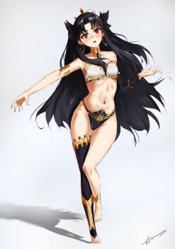 1girl absurdres anklet armlet barefoot bikini black_hair breasts clip_studio_paint_(medium) earrings error1945 fate/grand_order fate_(series) full_body gold gold_earrings gold_trim highres hoop_earrings ishtar_(fate) jewelry long_hair mismatched_bikini navel neck_ring open_mouth red_eyes signature simple_background single_thighhigh small_breasts solo standing standing_on_one_leg stomach swimsuit thighhighs tiara very_long_hair