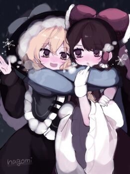 2girls ascot bare_shoulders black_capelet black_hat black_skirt black_sweater blonde_hair blue_scarf bow braid brown_hair capelet commentary detached_sleeves frilled_bow frilled_hair_tubes frilled_hat frills fur-trimmed_capelet fur_trim hair_bow hair_tubes hakurei_reimu hat hat_bow highres kirisame_marisa multiple_girls nagomi_(nagomi_12) red_bow red_eyes red_shirt red_skirt scarf shared_clothes shared_scarf shirt side_braid single_braid skirt skirt_set smile snow snowflakes snowing sweater touhou white_bow witch_hat yellow_ascot yellow_eyes