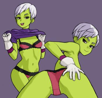 1girl ass bent_over bluesalm0n bra breasts cheelai closed_mouth clothes_lift colored_skin cowboy_shot dragon_ball dragon_ball_super dragon_ball_super_broly female_focus from_behind gloves green_skin hand_on_own_ass leaning_forward lifting_own_clothes looking_at_viewer looking_back multiple_views navel open_mouth paid_reward_available panties pink_eyes purple_background red_bra red_panties shirt_lift short_hair simple_background small_breasts smile teeth thighs underwear upper_teeth_only white_gloves white_hair