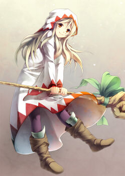 Rule 34 | 1girl, blonde hair, boots, brown eyes, female focus, final fantasy, final fantasy tactics, highres, hood, long hair, looking at viewer, pantyhose, robe, smile, solo, staff, white mage, white mage (fft), white mage (final fantasy), yoshino ryou