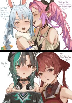 1girl 4girls absurdres ahoge animal_ear_fluff animal_ears aqua_hair bare_shoulders beret black_choker black_hair blue_hair blush bow braid carrot_hair_ornament choker closed_eyes earrings english_text food-themed_hair_ornament hair_intakes hair_ornament hair_ribbon hat headphones headphones_around_neck heterochromia highres hololive hololive_dev_is houshou_marine houshou_marine_(1st_costume) jewelry kikirara_vivi kikirara_vivi_(1st_costume) long_hair looking_at_viewer medium_hair multicolored_hair multiple_girls one_eye_closed open_mouth pink_hair purple_hair rabbit_ears rabbit_girl red_eyes red_hair ribbon rindo_chihaya shirt smile streaked_hair tanukidraws thick_eyebrows twin_braids twintails two-tone_hair usada_pekora usada_pekora_(1st_costume) virtual_youtuber white_hair white_shirt yellow_eyes